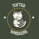 Tufted Whiskers Logo: a White cat with black tiger stripes holding ball of yarn